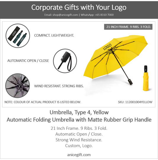 Umbrella, Type 4, Yellow | Automatic Folding Umbrella with Matte Rubber Grip