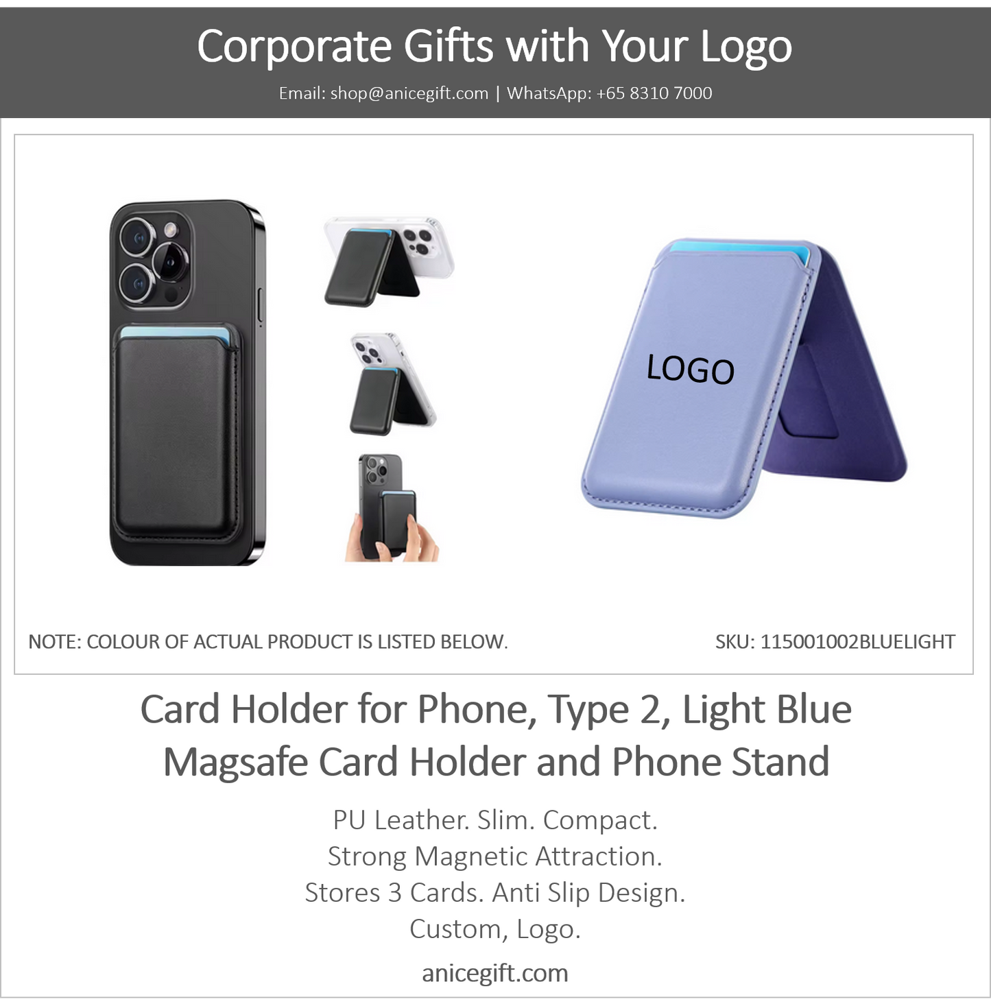 Card Holder for Phone, Type 2, Light Blue | Magsafe Card Holder and Phone Stand