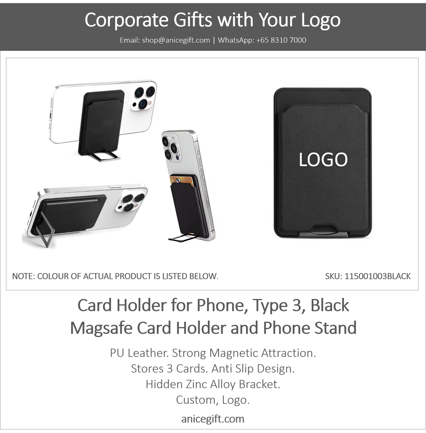 Card Holder for Phone, Type 3, Black | Magsafe Card Holder and Phone Stand