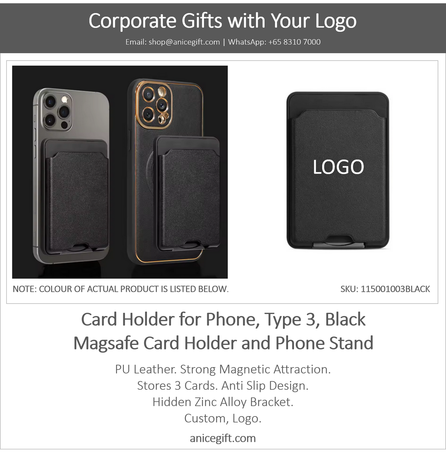 Card Holder for Phone, Type 3, Black | Magsafe Card Holder and Phone Stand