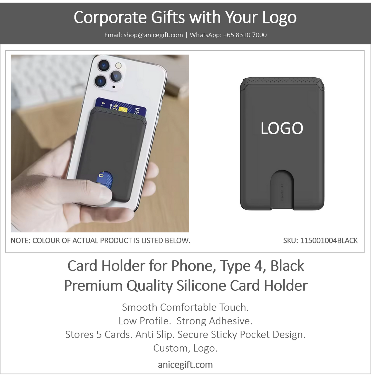 Card Holder for Phone, Type 4, Black | Premium Quality Silicone Card Holder