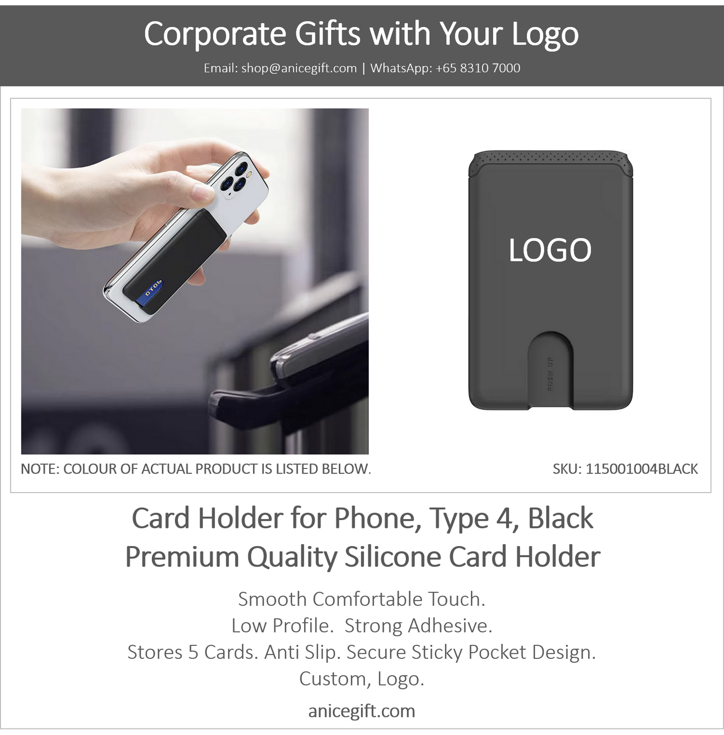 Card Holder for Phone, Type 4, Black | Premium Quality Silicone Card Holder
