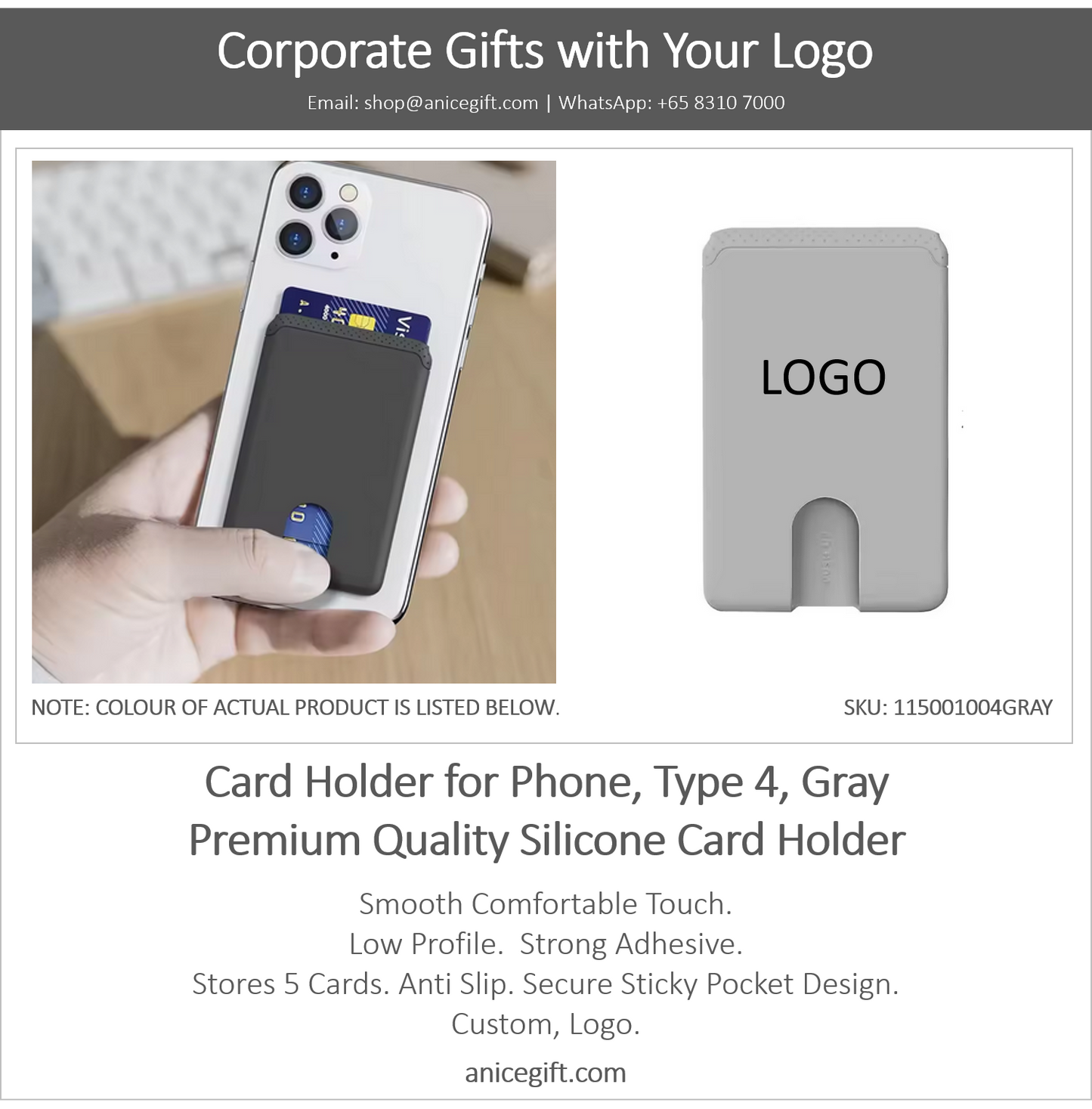 Card Holder for Phone, Type 4, Gray | Premium Quality Silicone Card Holder