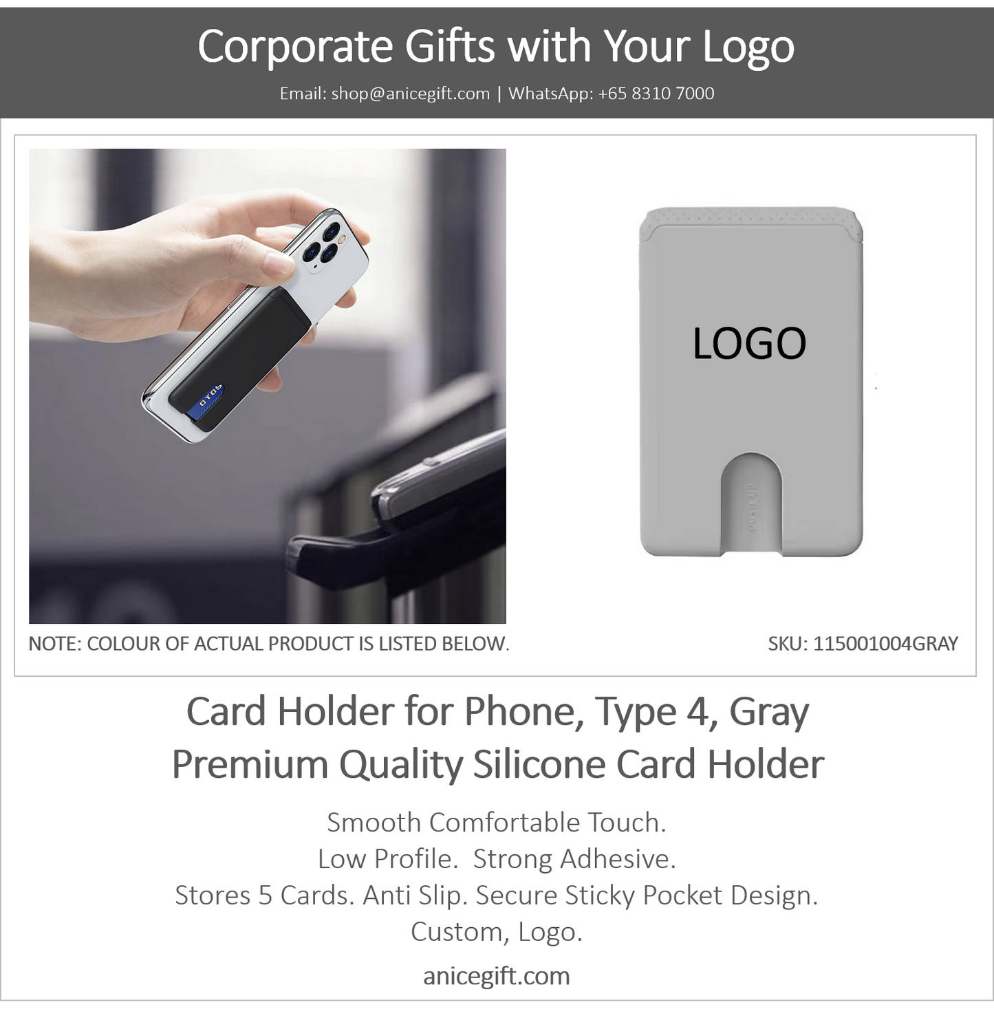Card Holder for Phone, Type 4, Gray | Premium Quality Silicone Card Holder
