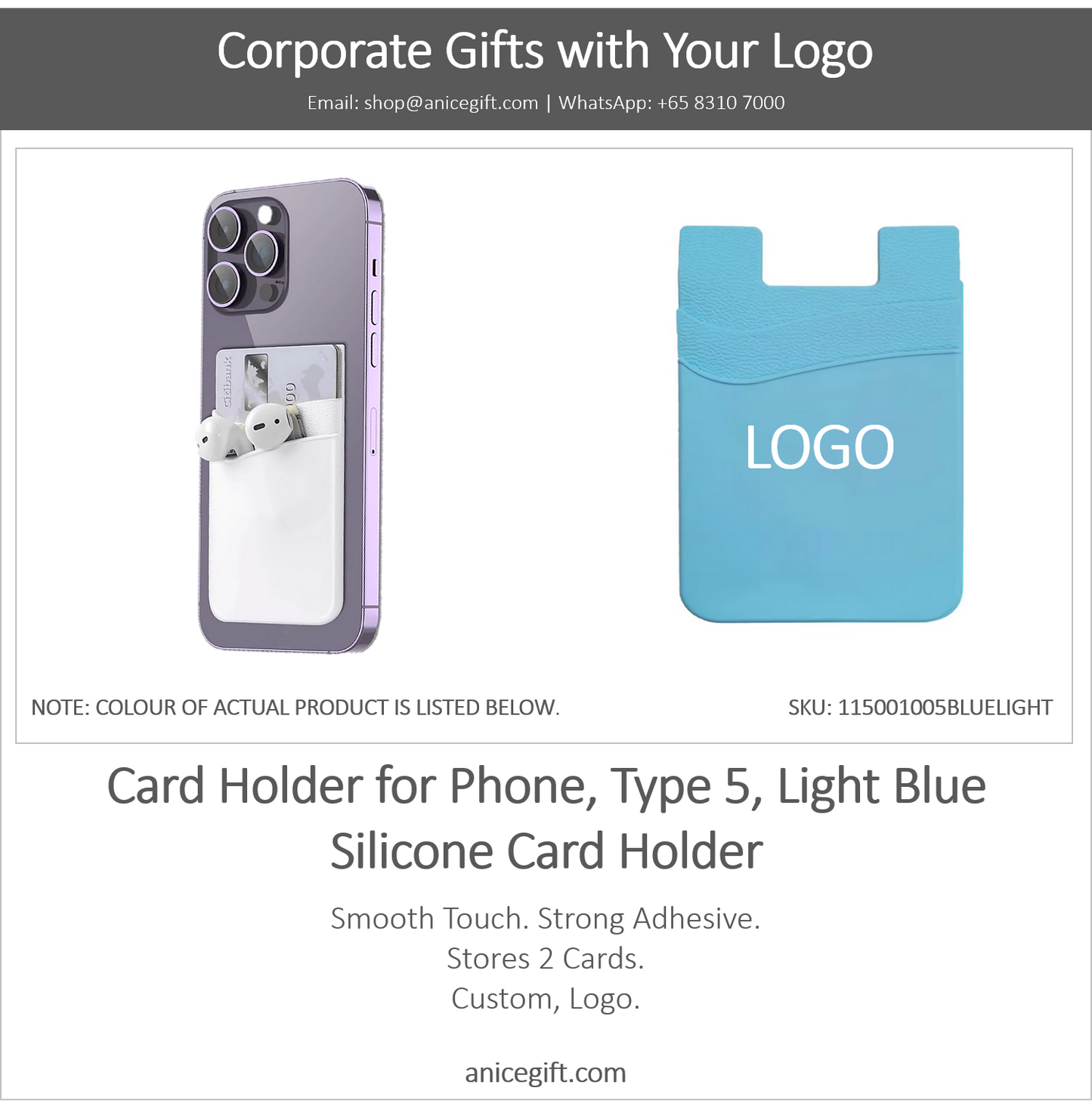 Card Holder for Phone, Type 5, Light Blue | Silicone Card Holder