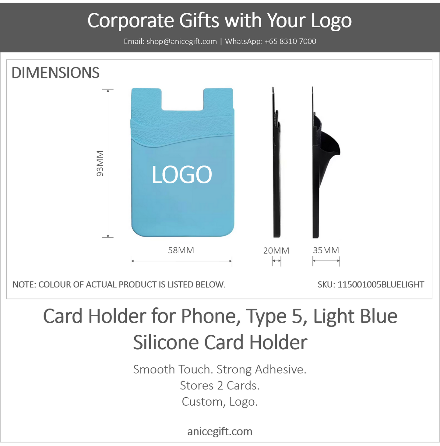 Card Holder for Phone, Type 5, Light Blue | Silicone Card Holder