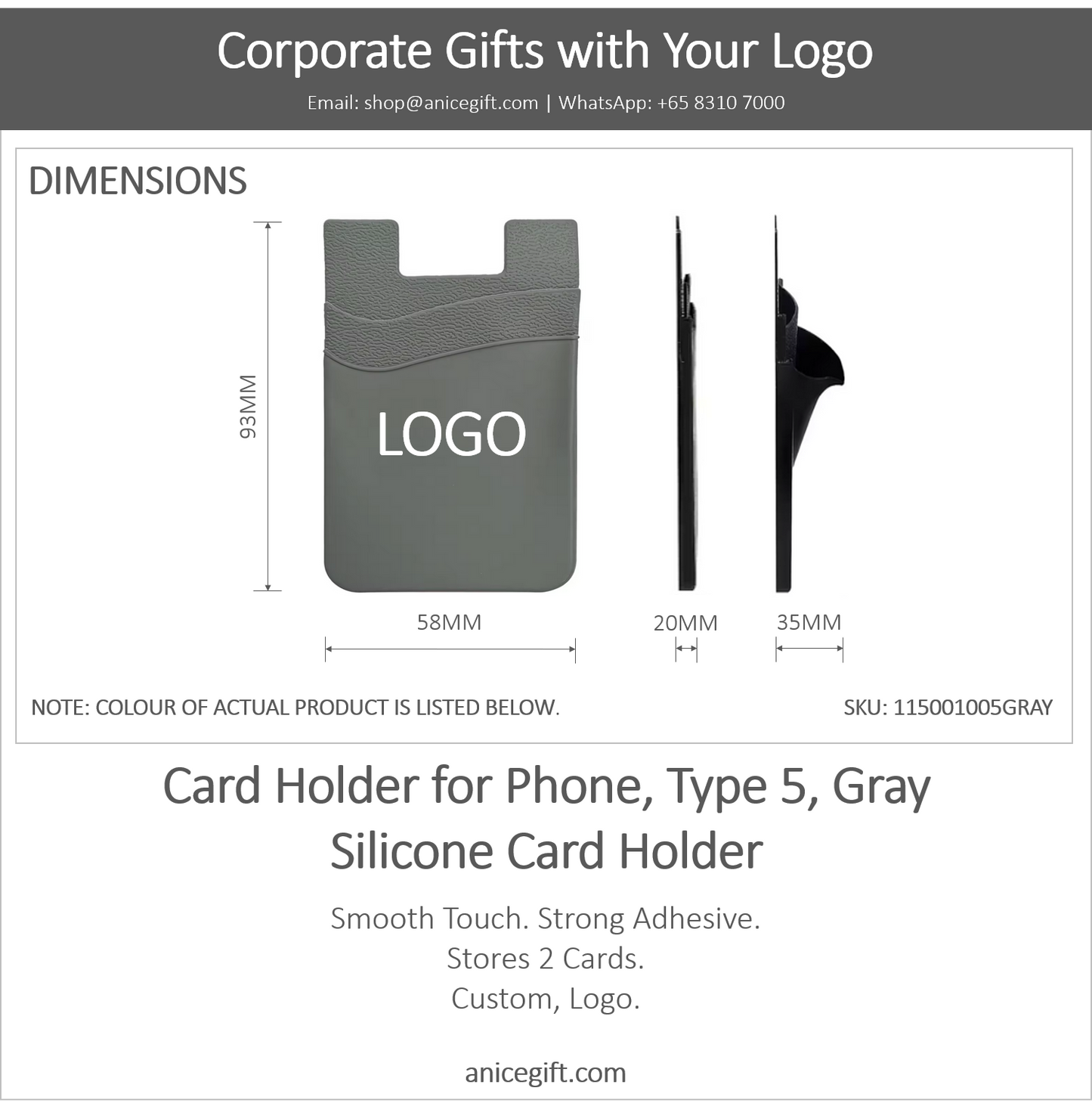 Card Holder for Phone, Type 5, Gray | Silicone Card Holder