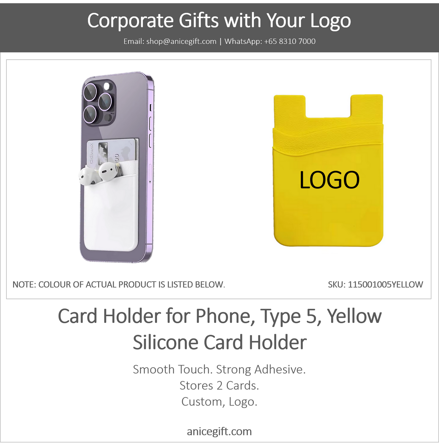 Card Holder for Phone, Type 5, Yellow | Silicone Card Holder