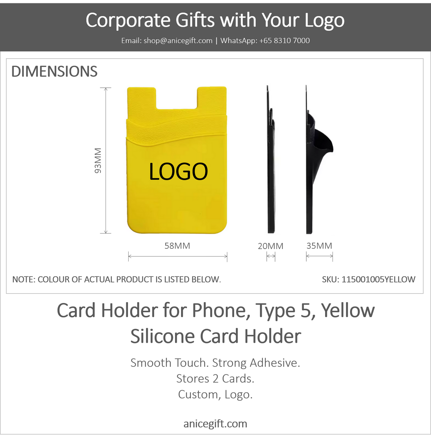 Card Holder for Phone, Type 5, Yellow | Silicone Card Holder
