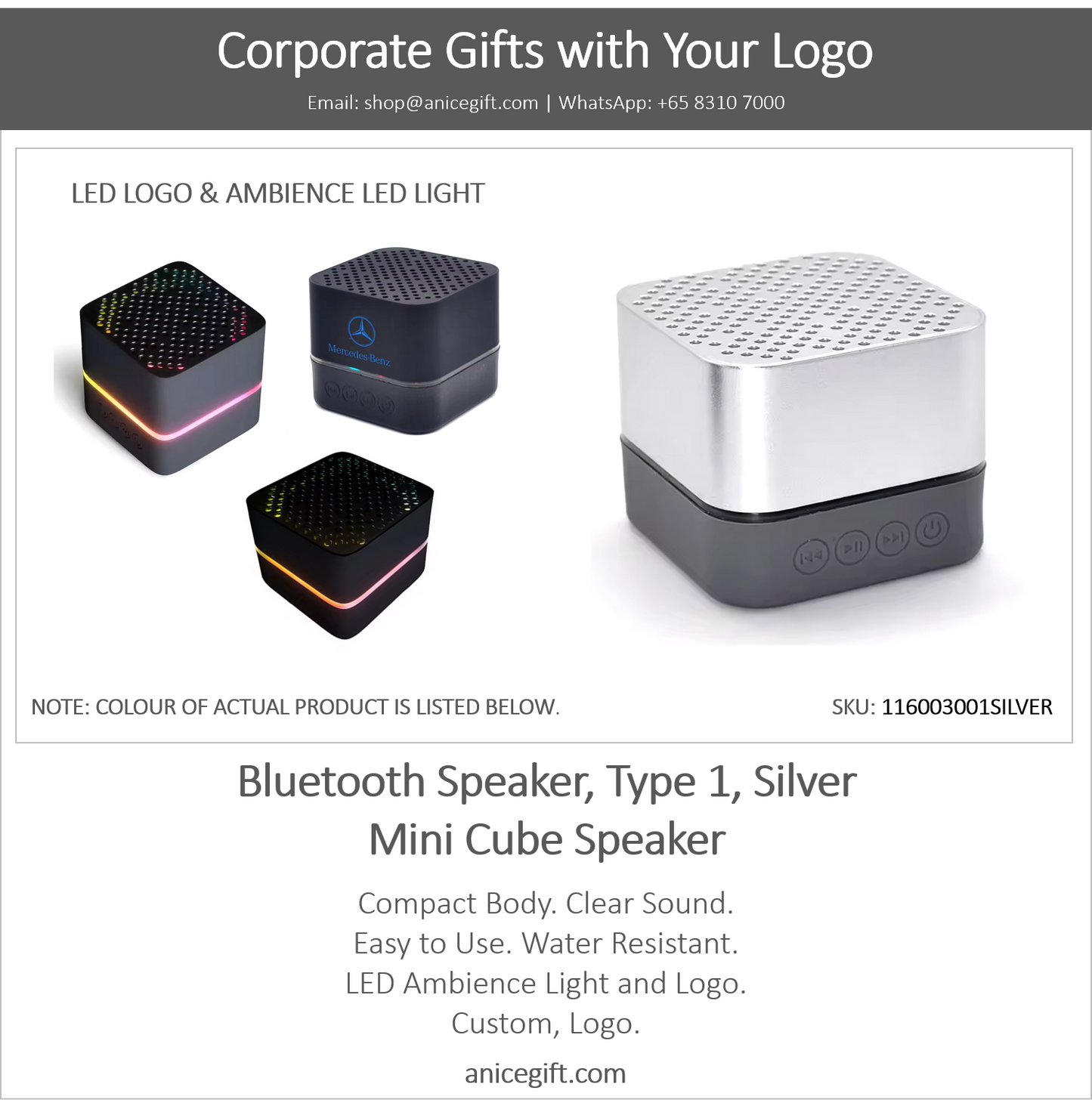 Bluetooth Speaker, Type 1, Silver | Mini Cube Speaker