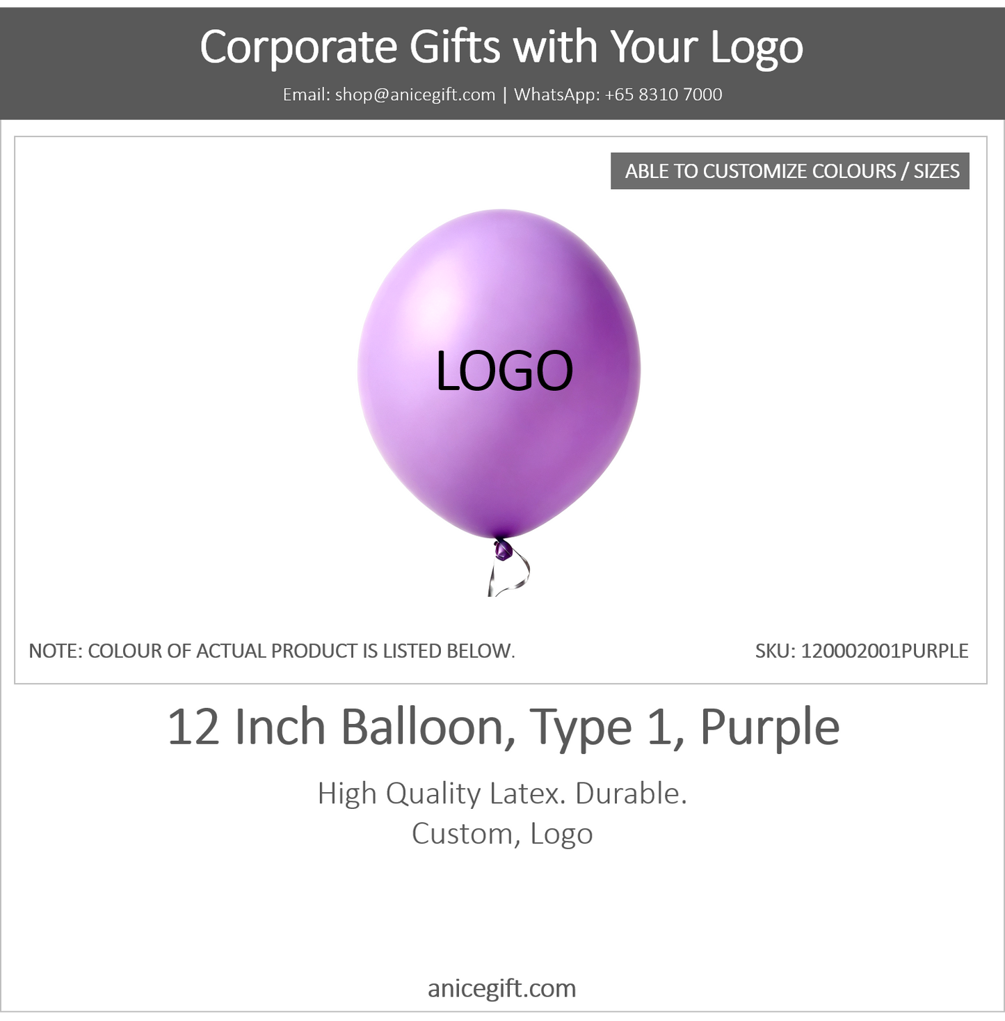 12 Inch Balloon, Type 1, Purple