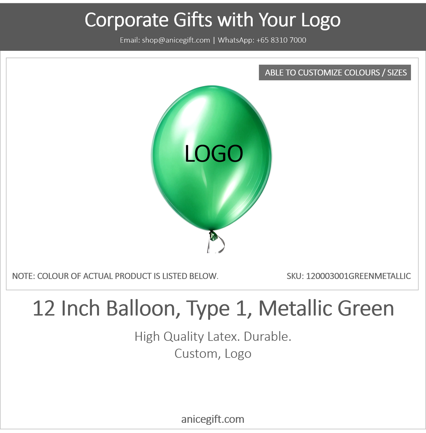 12 Inch Balloon, Type 2, Metallic Green