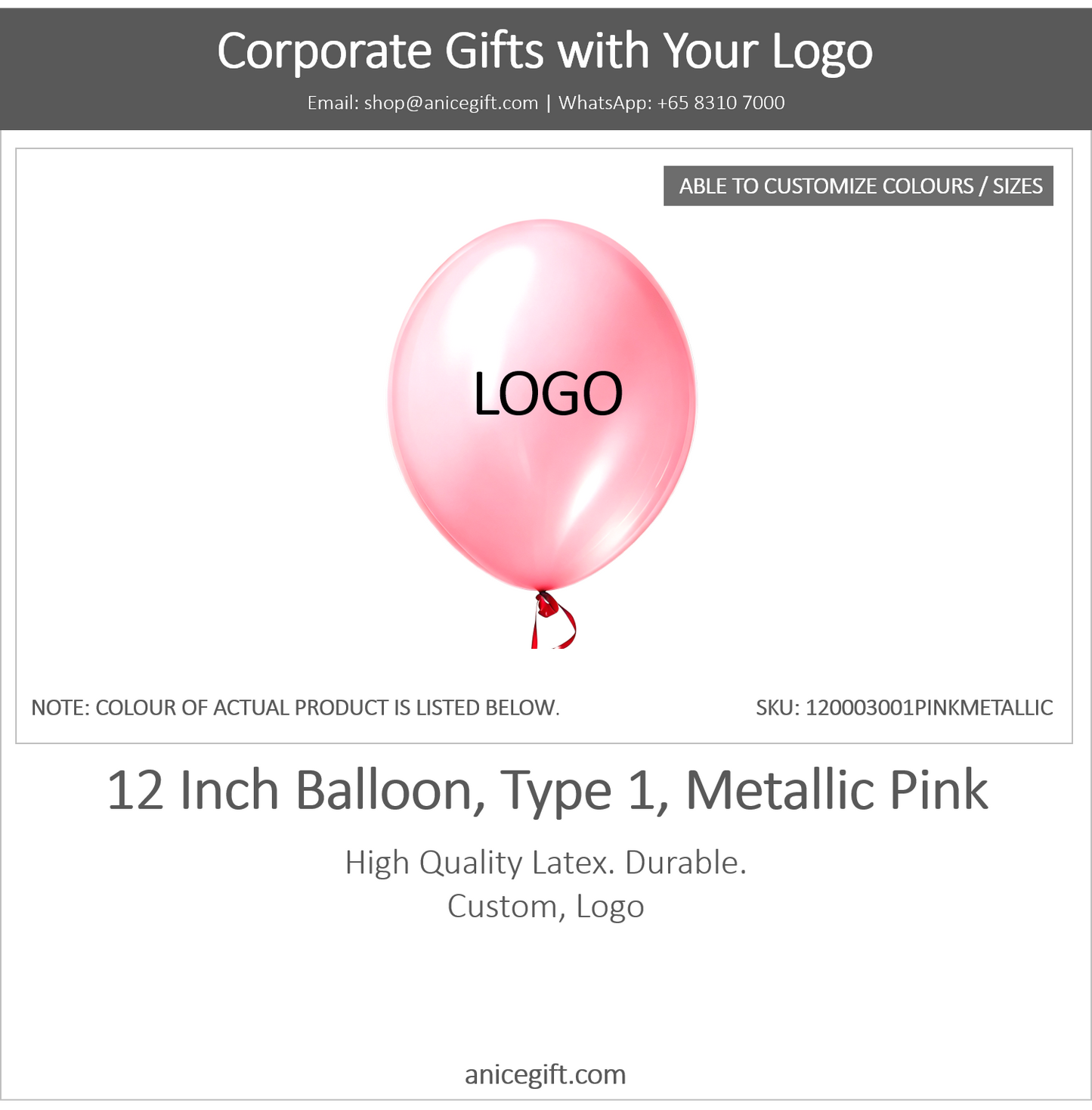 12 Inch Balloon, Type 2, Metallic Pink