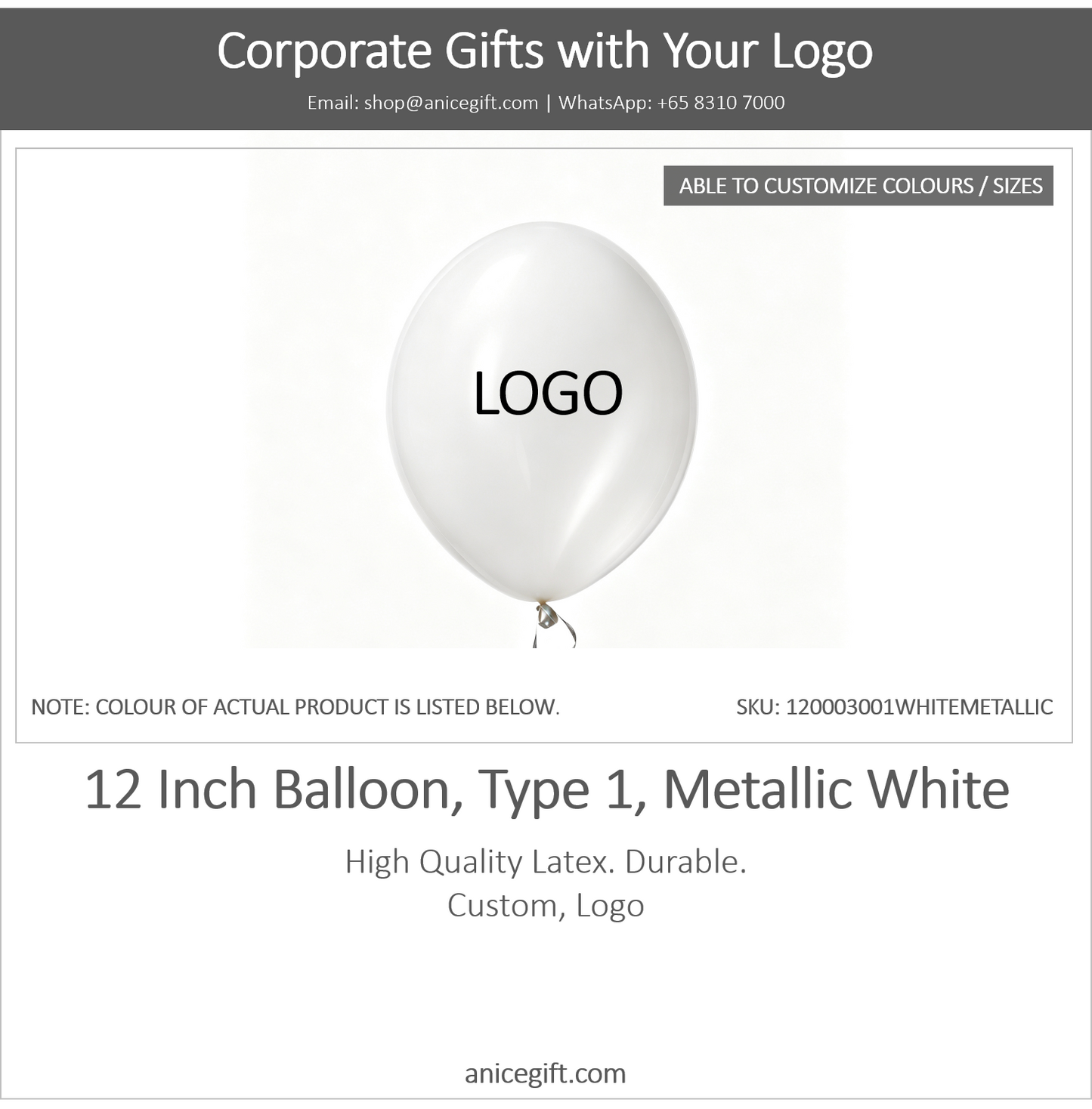 12 Inch Balloon, Type 2, Metallic White