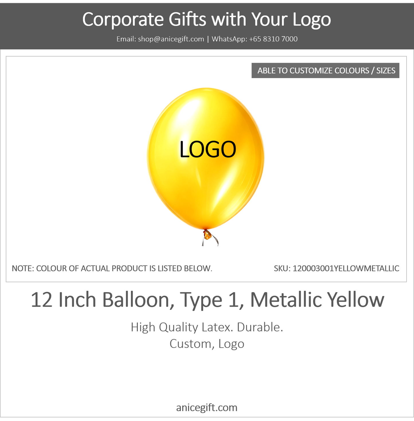 12 Inch Balloon, Type 2, Metallic Yellow