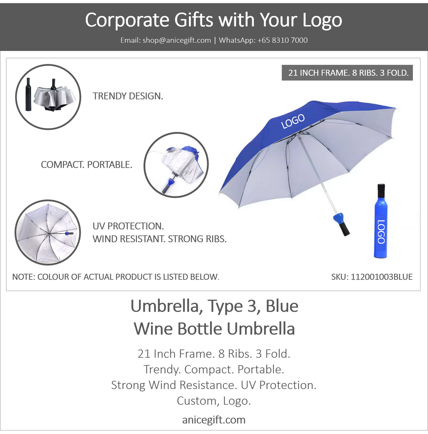 Umbrella, Type 3, Blue | Wine Bottle Umbrella